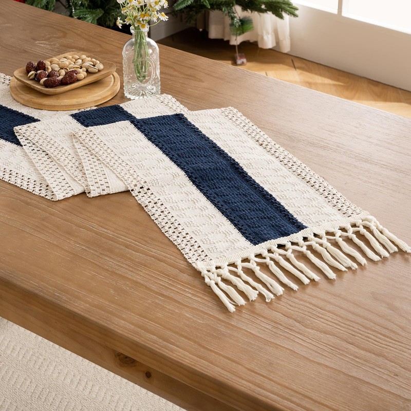 Boho Macrame Table Runner 30 x 180 cm Dark Blue