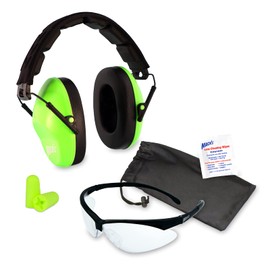 Mack's Double-Up Shooting Earmuff Safety Kit - Hi Viz Shooters Ear Muffs, Soft Foam Ear Plugs and Safety Glasses with Storage Pouch and Lens Wipes
