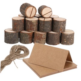 Outanaya 20 Sets Rustic Tree Stump Memo Place Card Holders for Weddings Parties Meetings Table Number Stands with Blank Cards Twine for Elegant Decor