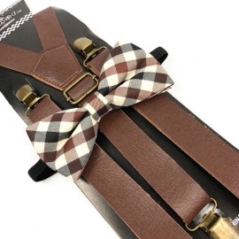 coool Plaid Pattern Bow Tie Brown Leather Suspender Tuxedo Wedding Accessories for Men