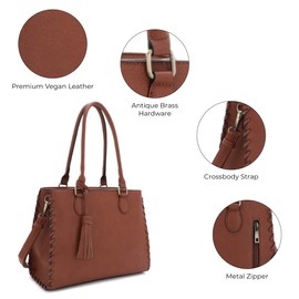 JESSIE & JAMES | Lioness Concealed Carry Satchel Bag with Tassel, Top Handle Purse with Crossbody Shoulder Strap - Brown
