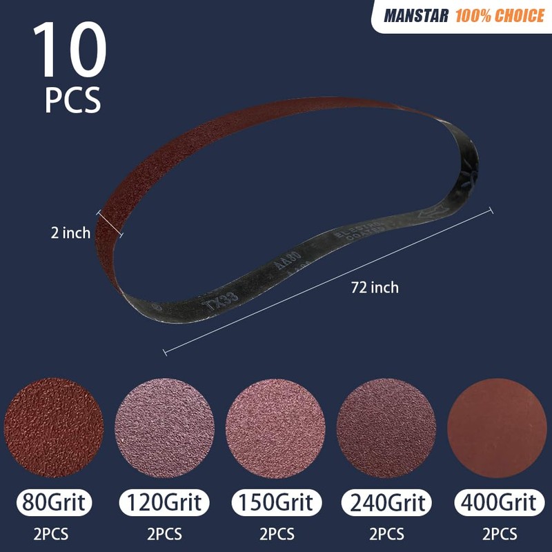 10 Pcs 2 x 72 Inch Assorted Aluminum Oxide Sanding