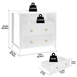 Tykacna 27 Inch Wide Night Stand, Wooden Night Stand with 2 Drawers, LED Nightstands with Charging Station and Adjustable Drawer for Living Room/Bedroom/Study/Office Nightstand, White.