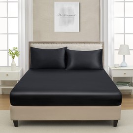 King Silk Satin Fitted Sheet, Soft Deep Pocket Single Bottom Bed Sheets Sold Separately, Wrinkle Free, Non- Fading, Breathable, Fully Elasticized(King Size, Black)