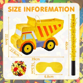 Dump Truck Pinata for Kids Construction Birthday Party Supplies Construction Party Favors Pinata Stick and Blindfold Confetti for Christmas Construction Party Decorations, 15 x 8.9 x 3.9 Inch