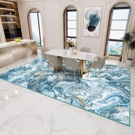 GEMBED Washable Area Rug 4x6 - Artistic Style Modern Rug for Living Room Bedroom Dining Room, Soft Low Pile Machine Washable Carpet, Non Slip Non Shedding Area Rug - Blue/Gold, 4'x6'