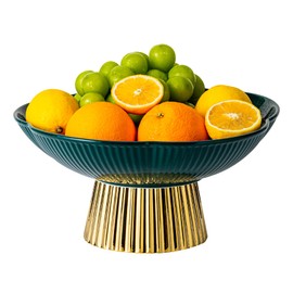 CCATSIX Ceramic Fruit Bowl, 11 Inch Large Dinner and Tea Coffee Pedestal Tray,Elegant and Practical Bread and Fruit Footed Bowls for Kitchen Counter, Salad or Dessert Display Trays for Parties(Green).