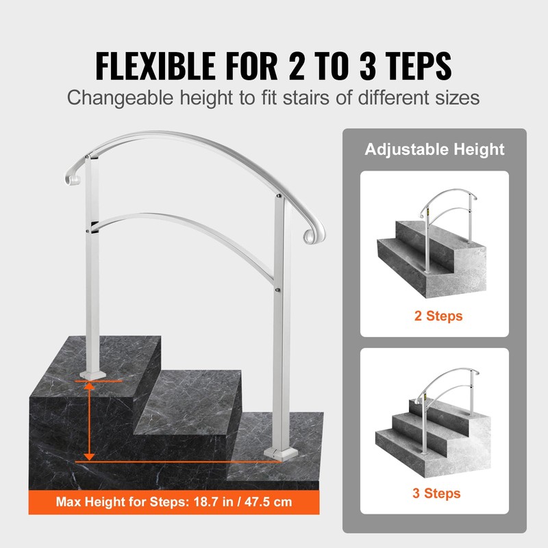 VEVOR Handrail for Outdoor Steps, 2-3 Steps White Arch#1, Adjustable
