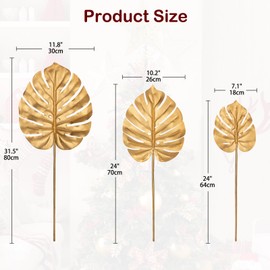 DILATATA 3 Pcs Artificial Monstera Leaves with Long Stem Golden Tropical Monstera Plant Gold Palm Leaves Philodendron Monstera Fronds for Wedding Hawaiian Luau Jungle Party Decorations