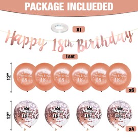 12 PCS 18th Birthday Decorations Kit, Rose Gold Happy 18th Birthday Banner with 12 Inch Rosegold Happy 18th Birthday Confetti Helium Latex Balloons for Girls 18th Birthday Party Decoration Supplies