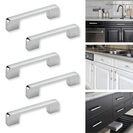 Boxonly Door Handles,96mm Hole Center Bright Chrome American Style Zinc Alloy Drawer Cupboard Wardrobe Door Handle Kitchen Hardware Cabinet Pulls 5 PCS