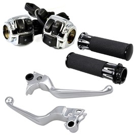 Astra Depot Motorcycle 1" Handlebar Hand Grips & Chrome Switch Controls Brake Levers Clutch Compatible with 1997-2012 Harley