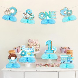Donut 1st Birthday Party Decorations - 8PCS Donut Honeycomb Centerpieces, Blue Donut First Birthday Party Decorations for Boy, Sweet One Donut Table Toppers for Doughnut Grow up Party Supplies