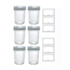Clear 8 oz Glass Wide Mouth Tapered Jar with Airtight Silver Metal Plastisol Lid for Canning and Storage + Labels (6 pack) for preserves, jams, jellies, pickled goods, and sauces