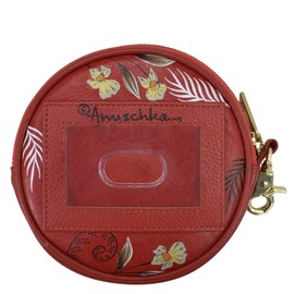 Anuschka Women's Round Genuine Leather Purse - Hand Painted Craftsmanship, Crimson Garden