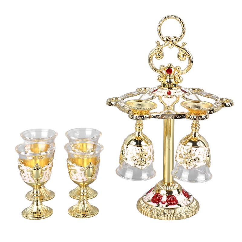 6Pcs Chinese Chalice Retro Style Zinc Alloy Glass Embossed Flower