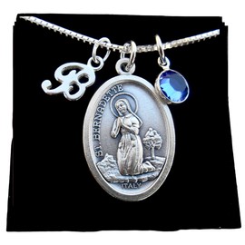 St. Saint Bernadette Patron Saint Necklace |Sterling Silver Box Chain | Birthstone| Sterling Silver Cursive Initial