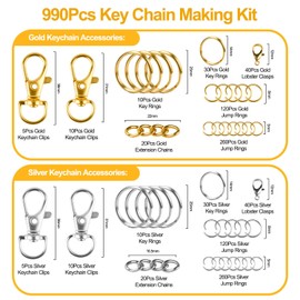 990PCS Keychain Making Kit, Key Chain Hooks Lobster Clasps Key Rings and Jump Rings, Extender Chain for Crafts DIY Project