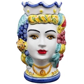 Sicilia Bedda - SICILIAN Moro Heads in CALTAGIRONE Ceramic - Handmade - Height 18 Centimeters (Woman, Blue Crown)