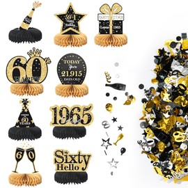 Black and Gold Decoration 60th Birthday Men, 9 Pieces Honeycomb Centrepiece and 30 g Happy Birthday Confetti, 60th Birthday Table Decoration, 60th Party Decoration for Men
