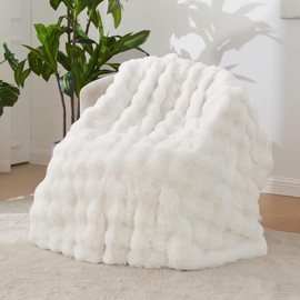 Andency Fluffy Faux Fur Throw Blanket for Couch, Soft Cozy Bubble Blankets for Women, Girls, Snuggy Fuzzy Blanket for Living Room, Sofa, Bed, 50x60 Inches, White, Cream