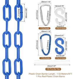 sourcing map Plastic Chain 5 FT/1.53 M, Safety Chain Blue White Plastic Chain Link Barrier with Zip Ties Buckle and S-Hooks for Crowd Control Queue Line Fence Decoration
