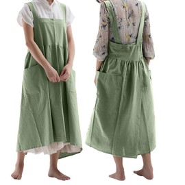 losofar Cotton Linen Square Dress Overalls Kitchen Gardening Solid Color Apron Flower Shop Smock (Green, 92cmx110cm)