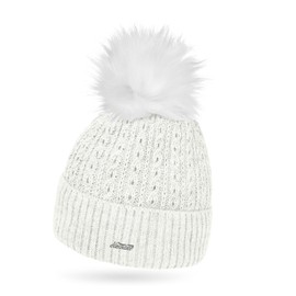 Neverless® Women's Knitted Fur Pom Pom Hat Lined Envelope Cable Knit Pattern, 21156 white