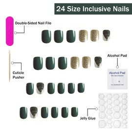 Christmas Press on Nails Short Square SWEKKE Green Fake Nails False Nails with Designs Christmas Tree Glitter Glossy Glue on Nails Stick on Nails for Women Girls 24 Pcs