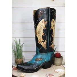 Ebros Rustic Western Fishing Angler Jumping Bass Fishes Cowboy Cowgirl Boot Decorative Figurine Or Floral Vase Planter Tooled Leather Finish Table Shelf Countertop Accent
