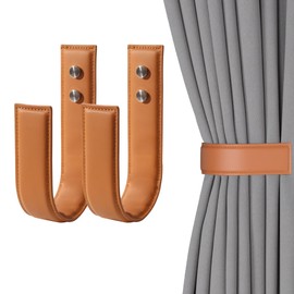 OCIOLI Modern Black Curtain Tiebacks 2 Pack - Wall Mount U-Shaped Holdbacks for Drapes, Premium PU Leather Drapery Pull Backs & Decorative Tieback Hooks with Durable Curtain Holder Design (2, Coffee)