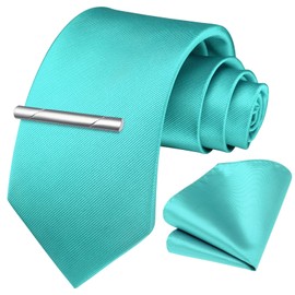 HISDERN Turquoise Solid Color Wedding Tie and Pocket Square, Classic Tie Clip Set for Men-Multiple Colors