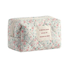 uekeboag Small Cute Floral Quilted Cotton Makeup Bag,Mini Coquette Quilted Cosmetic Pouch with Zipper,Kawaii Travel Toiletry Bags for Purse(03 Little Pink flower)