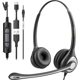 Headset wtih Mic, USB Headset with Microphone for PC, Computer Headset with Noise Canceling Microphone for Laptop, Wired Headset with Mute for Office Online Skype Zoom Meetings