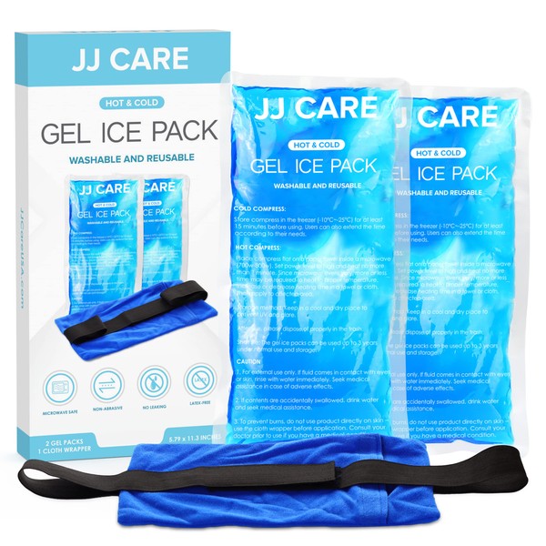 JJ CARE Gel Ice Packs Reusable - Pack of 2 Soft Ice Pack for Injuries with Wrap - Hot & Cold Pack Compress for Pain Relief, Rehabilitation, Flexible Therapy, for Knee, Back, Neck, Wrist, & Ankle