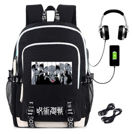 Roffatide Anime Jujutsu Kaisen Laptop Backpack College Schoolbag Printed Rucksack with USB Charging Port & Headphone Port Black