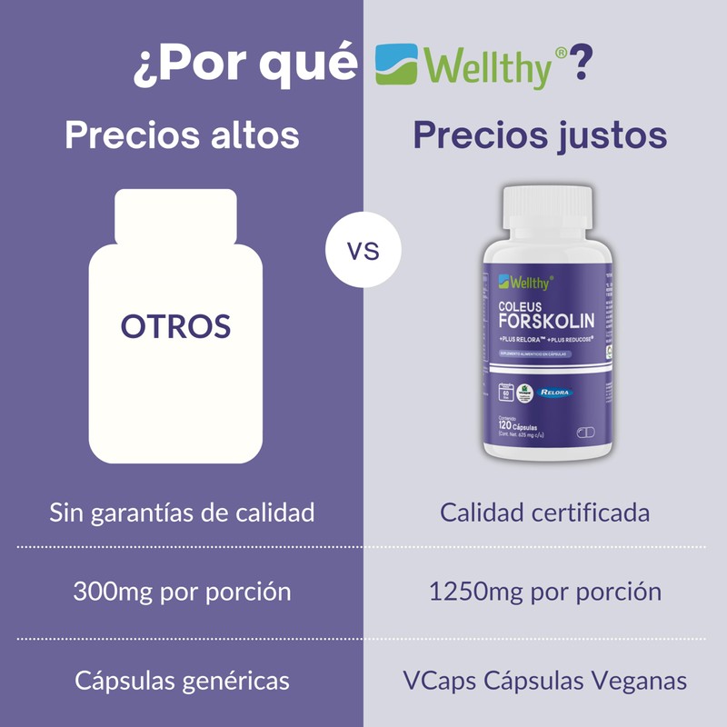 Wellthy Coleus Forskolin, Relora Ingrediente Suizo y Reducose Ingrediente Britanico