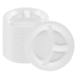 Restaurantware-RW Base 10.4 Inch Microwavable Food Plates, 50 Round Plastic Plates - 3 Compartments, Disposable, White Plastic Dinner Plates, Serve Hot And Cold Foods, For Restaurants And Cafes