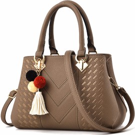 YOUNXSL Bolsos de piel para mujer, con asa superior, bolsa de hombro para mujer, con pompón y borla, Caqui, Talla unica
