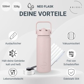 Abjoki "Neo" Stainless Steel Drinking Bottle, 530 ml, Baby Pink, Double-Walled & Vacuum Insulated, Thermal Flask, BPA-Free, Leak-Proof, Plus Two-in-One Lid with Straw and Drinking Opening