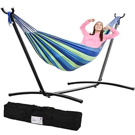 Hudada Hammock with Stand 9ft Heavy Duty Steel Portable Hammock Stand for Outdoor Patio Backyard Indoor with Carrying Case, Weather-Resistant Finish, 450LBS Weight Capacity, Blue