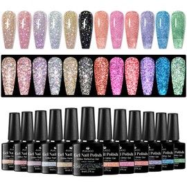 MSRUIOO Reflective Glitter Gel Nail Polish, Shimmery Gel Polish Set 12 Colors Sparkly Shiny Gel Soak Off UV LED Nail Art Varnish Manicure Kit DIY at Home