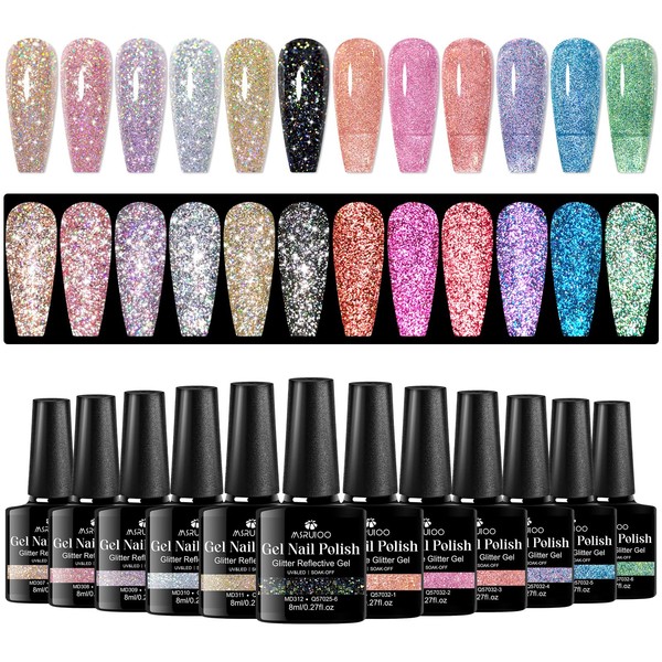 MSRUIOO Reflective Glitter Gel Nail Polish, Shimmery Gel Polish Set