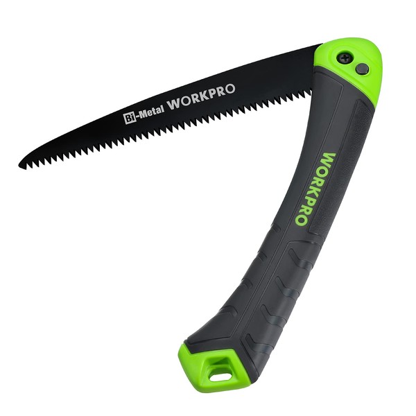 WORKPRO Folding Saw, Blade Length: 7.1 inches (180 mm), 3-sided Teeth, Elastomer Resin Grip, Safety Lock Button, Saw for Camping, Woodworking and Gardening, Maximum Pruning Diameter: 13.8 inches (350 mm), Fresh Tree 7.9 inches (200 mm)