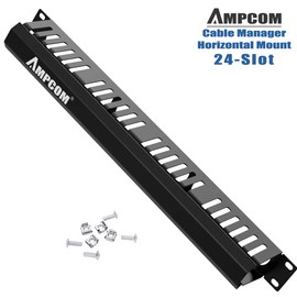 AMPCOM 1U Cable Management Horizontal Mount 19 inch Server Rack with Mounting Screws, 24 Slot Metal Finger Duct Wire Organizer with Cover