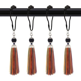 Decorative Tassel Shower Curtain Hooks for Bathroom - Rust Proof Black Curtain Rings, Stainless Steel Metal Shower Hook with Tassels Set of 12 for Shower Rod Curtains, Bedroom Living Room(Multicolor)
