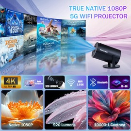 [Built-in App] Mini Projector 1080P, 4K Projector Full HD with WiFi 6 and Bluetooth 5.2, Support 180° Rotatable Portable Projector with Auto Keystone Correction, Compatible with Phone/HDMI/USB-Black