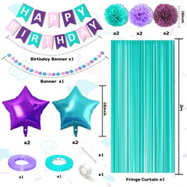 Mermaid Balloons Birthday Decorations,Purple Teal Blue Party Decorations for Women Girls with Purple Teal Blue Balloons Happy Birthday Banner Teal Fringe Curtain Tissue Paper Pompoms Star Garland