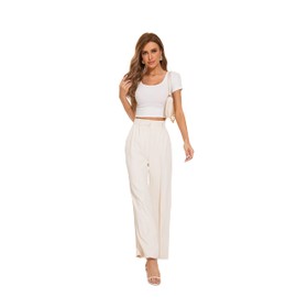 FUNYYZO Women Wide Leg Pants High Elastic Waisted Business Work Trousers Long Straight Pants Beige