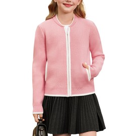 GRACE KARIN Pink Girls Cardigan Knit Zip Up Sweater with Pockets 12-13Y Cozy Winter Valentine Gift